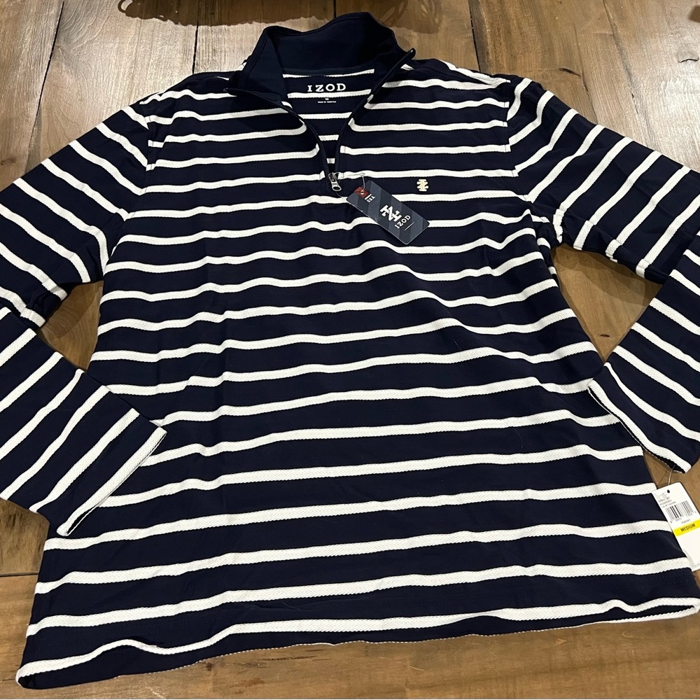 Izod NWT Men’s Quarter Zip Pullover, Size Medium, Navy/White Stripes